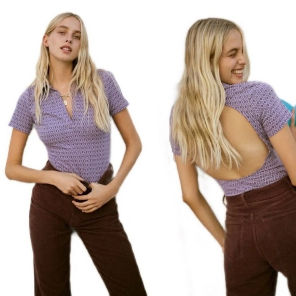 Zara Purple Geometric Patterned Bodysuit with Collar and v neck -Size XXL NWOT